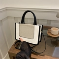 Minimalist small square handbag in white leather and khaki canvas with black handles - White