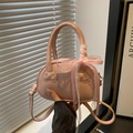 Pink leather bowling bag with bow relief, lace ribbon and adjustable strap - With Pendant Scarf / Pink