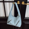 Light blue Hobo shoulder bag in pebbled faux leather with decorative zippers - Light Blue Zircon