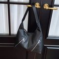 Black pebbled leather Hobo tote with parallel silver zippers and wide shoulder strap - Black