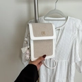 White leather and canvas crossbody phone bag with gold logo and plush charm - With Pendant / White