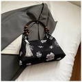 Borsa tote stile cinese con ricamo floreale bianco e manico in perline di legno - Bianco
