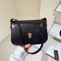 Classic black shoulder bag with smooth finish and gold rectangle buckle for women - Black