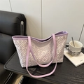 Lavender jacquard tote bag with geometric floral texture and faux leather handles - Purple
