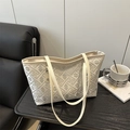 Off-white canvas tote bag featuring grey geometric patterns and slim PU shoulder straps - White