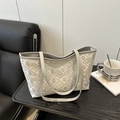 Light gray large tote bag featuring geometric maze patterns and slim shoulder straps - Gray