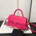 Fuchsia pink PU leather baguette shoulder bag with top handle and crossbody strap - Rose Red