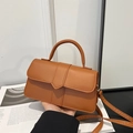 Elegant brown faux leather crossbody bag with minimalist flap design and a top handle - Brown
