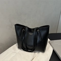 Black minimalist tote bag in matte synthetic leather with gold-tone fashion logo label - Black