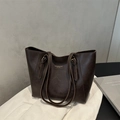 Deep brown faux leather tote bag with vintage oil-wax texture and top handles - Brown