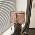 Pink quilted box-shaped chain bag with silver studs and rose pendant accessory - Pink