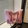 Borsa tote in tela rosa con stampa floreale viola, bordi sfrangiati e manici in pelle - Rosa