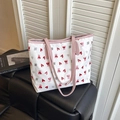 Borsa tote bianca con stampa orso rosa e cuori dotata di spalline rosa a contrasto - Stampa Orsetto & Cuore (Bianco) (Stile 2)