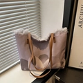 Purple canvas tote bag with abstract floral print and fringe details on brown leather straps - Lotus root pink
