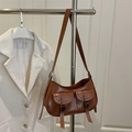 Brown vintage style faux leather underarm bag with decorative metal buckle pockets - Brown