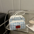 Bolso de hombro de cuadros azul y blanco con estampado de manzana roja y cremallera - Blanco