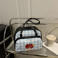 Bolso de lona a cuadros azules y blancos con estampado de manzana y asas negras - Negro