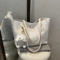 White textured tote bag with colorful wavy stitching and plush cloud charm accessory - With Pendant / White