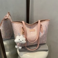 Pink pleated tote bag with colorful embroidery and a cute cloud charm for women - With Pendant / Pink