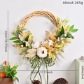 Autumn harvest wreath with white pumpkins, maple leaves and green striped ribbon - Rattan Base White Pumpkin Style (003)