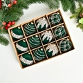 Detail of 12 dark green flocked Christmas balls with gold sequins in a craft paper box - Dark Green
