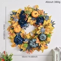 Autumn door wreath with blue peonies and orange pumpkins, 50cm diameter harvest decor - Dark Blue Peony Pumpkin Contrast Style (005)