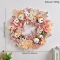 Autumn door wreath with pink flowers, white pumpkins and maple leaves for home decoration - Pink White Silk Flower Pumpkin Elegant Style (011)