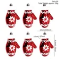 Set of 6 red Christmas glove ornaments with white snowflake patterns and plush trim - Gloves / 6 Pieces Set