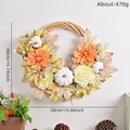 Autumn wreath with orange dahlia flowers, white pumpkins and maple leaves on vine base - Dahlia Woven Vine Base Style (016)