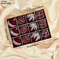 Set of 12 dark red 6cm flocked Christmas balls with silver snowflake patterns in a box - Burgundy