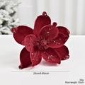 25cm deep red velvet artificial magnolia flower with gold glitter for Christmas decor - Burgundy