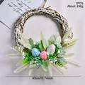 Easter rattan wreath with colorful eggs, white daisies, and frosted leaves decoration - GH0108F