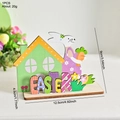 Easter wooden ornament with green cottage, purple bunny, and colorful EASTER puzzle letters - Rabbit Flowers Cabin Style