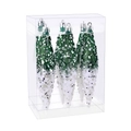 6pcs green glitter and white snow icicle Christmas ornaments in a display box - Green + White