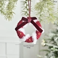 Mini Christmas wreath pendant with red knit texture and velvet bow hanging on pine branch - B-Style Red