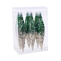 Green and silver glitter icicle Christmas ornaments in a transparent 6-piece box set - Green and Champagne