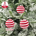 Set of 3 red and white striped flocked Christmas balls, 6cm fuzzy ornaments for tree decor - 3PCS Red and White Plush Balls