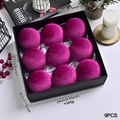 Set of 9 fuchsia velvet Christmas balls with sparkles in a luxury black gift box - Rose Red