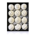 12er-Set weiße und goldene 8cm Weihnachtskugeln mit Vintage-Mustern in schwarzer Geschenkbox - Gold (XM0194S-8-12PCS)