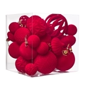 Rode geflokte kerstballen set in diverse vormen in een luxe geschenkverpakking - Rood