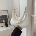 Chic white half-moon shoulder bag with elegant pearl handle and golden chain strap - Off-white