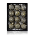 12er Set matte schwarze und goldene geprägte Weihnachtskugeln in einer Geschenkbox - Schwarzgold