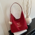 Red canvas hobo tote bag with embroidery, adjustable knot strap and small round pouch - Red