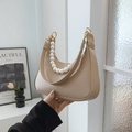 Beige faux leather underarm bag with elegant pearl handle and long shoulder strap - Khaki