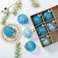 Set de boules de Noël bleues avec motifs pailletés et attaches argentées en boîte - Bleu Azur
