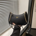 Bolso hobo clásico de cuero negro con patrón de lichi y cadena dorada elegante - Negro