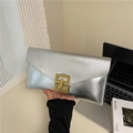 Silver envelope clutch bag with brushed metallic texture and gold rectangular buckle - Silver