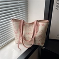 Minimalistische beige Leder-Tote-Bag mit rosa Graffiti-Prints und viel Stauraum - Rosa