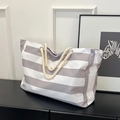 Canvas tote bag with grey and white stripes featuring thick cotton rope handles - Gray