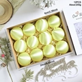 Set of 12 cream green satin velvet Christmas ornaments in a rustic kraft gift box - Lemon Yellow